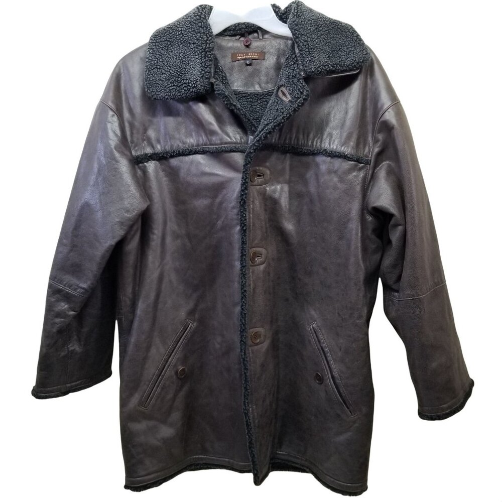 Joey Richi L Brown Italian Leather Jacket Coat Shearling‎ Lined Rabbit Trim
